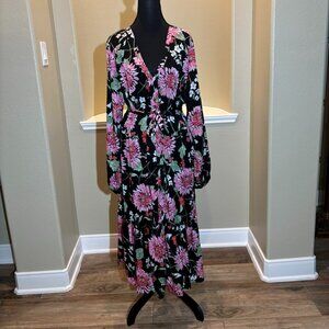 🩷Draper James RSVP Floral Pink Black Long Sleeves Waist Tie Maxi Dress Size XXL
